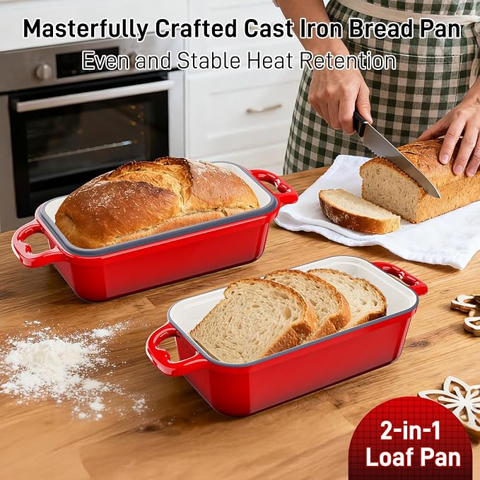 Enameled Cast Iron Dutch Oven for Sourdough Bread Baking, 8.5 x 4.5Inch Oval Cast Iron Bread Pan with Lid, 2PCS Dutch Oven for Homemade Sourdough Baking, Meatloaf Pan, Oven Safe, Red