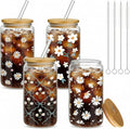 Mumufy 4 Pack Wildflower Glass Cups Gift Aesthetic Cute Glass Cup Tumbler Flower Iced Coffee Mugs 16 oz with Bamboo Lid & Straw, for Wedding Birthday Bridesmaid Mom Baby Shower