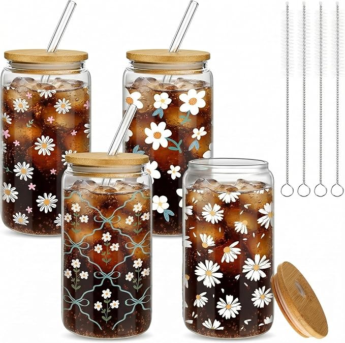 Mumufy 4 Pack Wildflower Glass Cups Gift Aesthetic Cute Glass Cup Tumbler Flower Iced Coffee Mugs 16 oz with Bamboo Lid & Straw, for Wedding Birthday Bridesmaid Mom Baby Shower