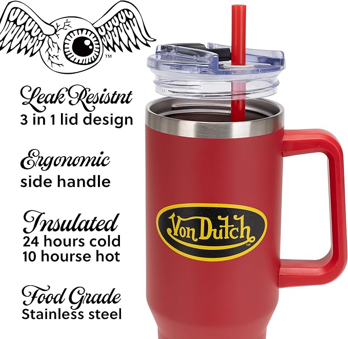 Von Dutch Red City of Angels 40oz Double Walled Insulated Food Grade Stainless Steel Tumbler, BPA Free - 24 Hours Cold / 10 Hours Hot