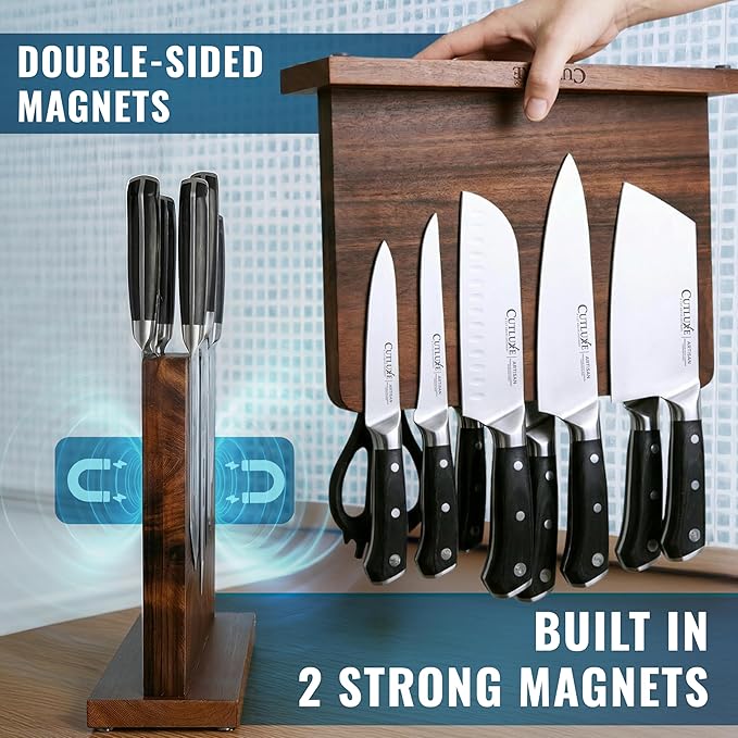 Cutluxe Magnetic Knife Block - Double Sided Acacia Wood Knife Holder, Strong Magnetic Strips, Universal Fit Knife Storage Stand