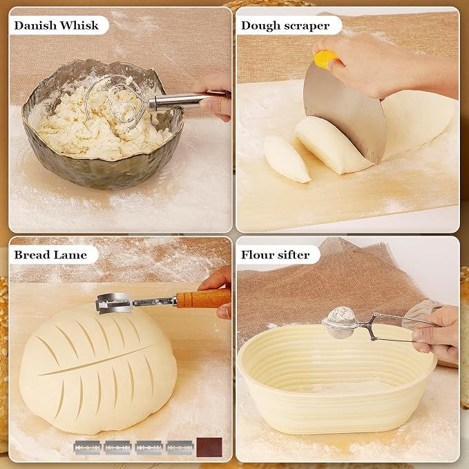 16-Piece sourdough bread baking supplies Set - Foldable Silicone banneton bread proofing basket (Round & Oval) - proofing basket with sourdough tools & jar - Ideal for Home & Pro Bakers