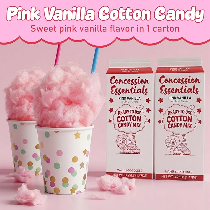 Perfectware -Concession Essentials Pink Vanilla Cotton Candy Mix – Ready-to-Use Floss Sugar for Cotton Candy Machines – Makes 60–70 Cones – 3.25 lb Carton – Carnival Style Cotton Candy Sugar