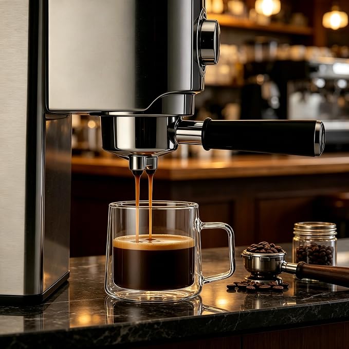 CNGLASS 12oz Glass Coffee Mugs,Double Wall Insulated Glass Cups with Handle,Clear Espresso Mugs for Latte,Cappuccino,Tea Bag,Set of 2