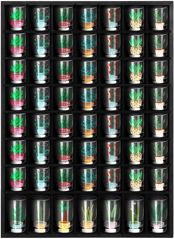 Barydat Shot Glass Display Case Wood Shot Glass shelf holder 56 Compartments Wall-mounted Rustic Bar Cabinet(Black,1 Pcs)