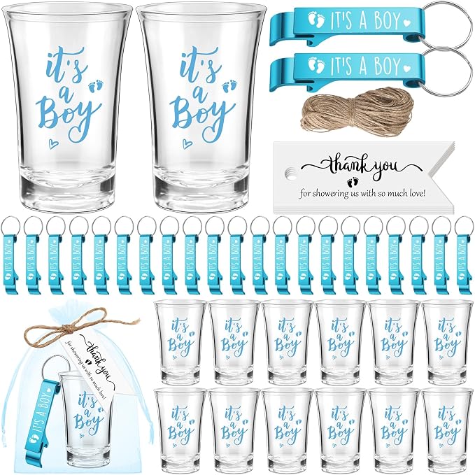 50 Sets Baby Shower Favor for Guests Acrylic Shot Glasses with Bottle Opener Keychains Thank You Tags and Bags Gender Reveal Party Favors for Guest Baby Shower Return Gift(Boy)