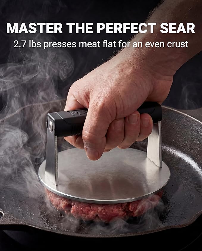 Stainless Steel Burger Smasher 2.70 LB – 7 Inch Steak Weight for Smash Burgers, Bacon, Sandwiches | Dishwasher Safe, Preheatable Protein Press with Silicone Handle | Commercial BBQ Tool