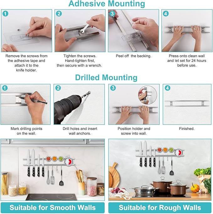 Knife Magnetic Strip With 3 Hooks, 14" Magnetic Knife Holder for Wall Mount Fridge Refrigerator, 17 Inch Magnetic Knife Holder with 4 Hooks,Dual Rod Strong Magnet Knife Bar for Partry Garage Tool Rack