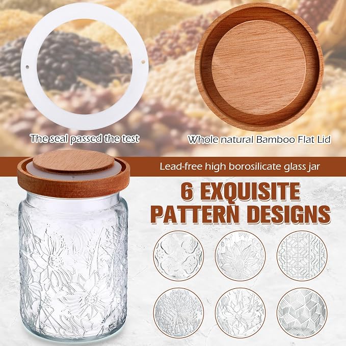 Sumind 6 Pcs Vintage Glass Jars with Wooden Lids 24 oz Airtight Glass Food Storage Containers Sets Clear Rustic Canisters Decorative Storage Jars for Spice Coffee Tea Candy Cereal Flour (Floral)