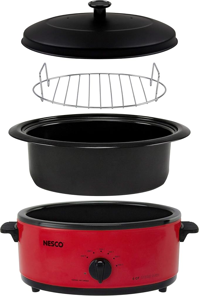NESCO 4816-12, Roaster Oven with Porcelain Coated Steel Cookwell, Red, 6 quart, 750 watts