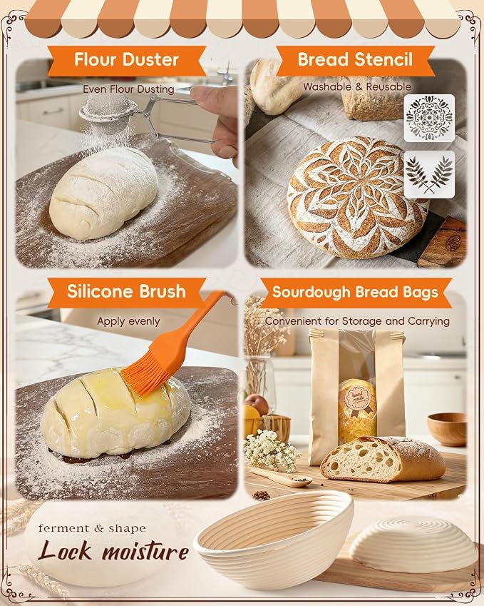 Complete Sourdough Starter Kit with Manual | Easy to Clean for Beginners | Sourdough Bread Baking Supplies with Round Bread Proofing Basket, Bread Sling, Starter Jar, Dough Whisk, Scrapers, Bag
