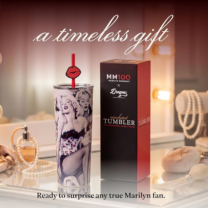 Dragon Glassware x Marilyn Monroe 100th Celebration Tumbler, 24oz - Glamour | Vacuum Insulated Stainless Steel Tumbler with Straw & Lid; Double Walled Tumbler with Straw Charm; Marilyn Monroe Cup
