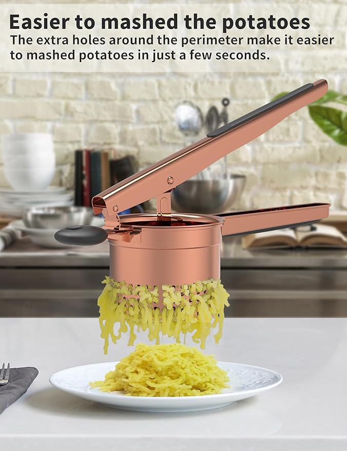 GloTika Large 15oz Potato Ricer, Heavy Duty Stainless Steel Ricer for Mashed Potatoes, Sweet Potato Masher Kitchen Tool with Ergonomic Handle, Press and Mash Kitchen Gadget, Rose Gold