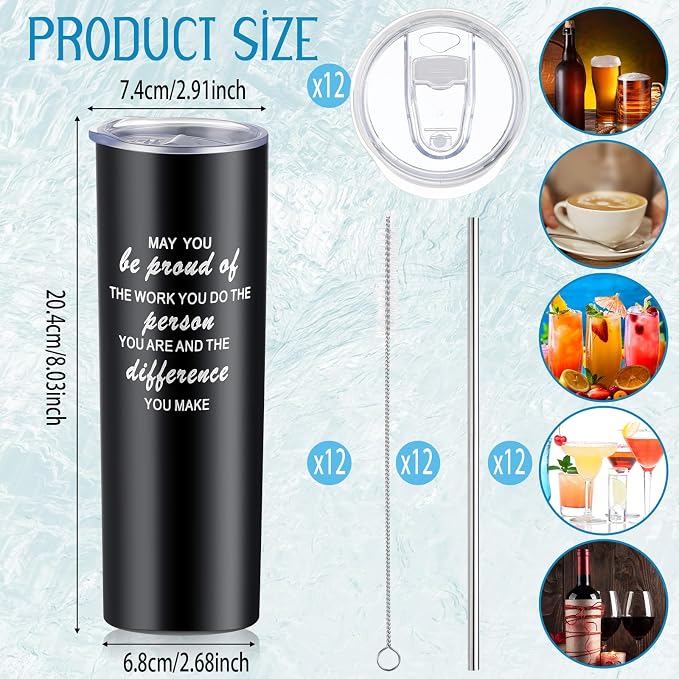 Lallisa 12 Sets Thank You Gifts for Men Women Insulated Stainless Steel Travel Tumbler Mug 20oz Inspirational Appreciation Christmas Gifts for Boss Teacher Employee Coworker Friends(Black)