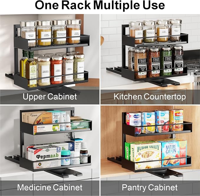 iSPECLE Vertical Spice Rack Pull Out - 1 Pack Rotate No-Drill Slide Out Spice Rack for Cabinet Swivel Easy Access Spices, Adjust Height for 4oz to 8oz Spice Jars Inside Kitchen Pantry Cabinet, Black