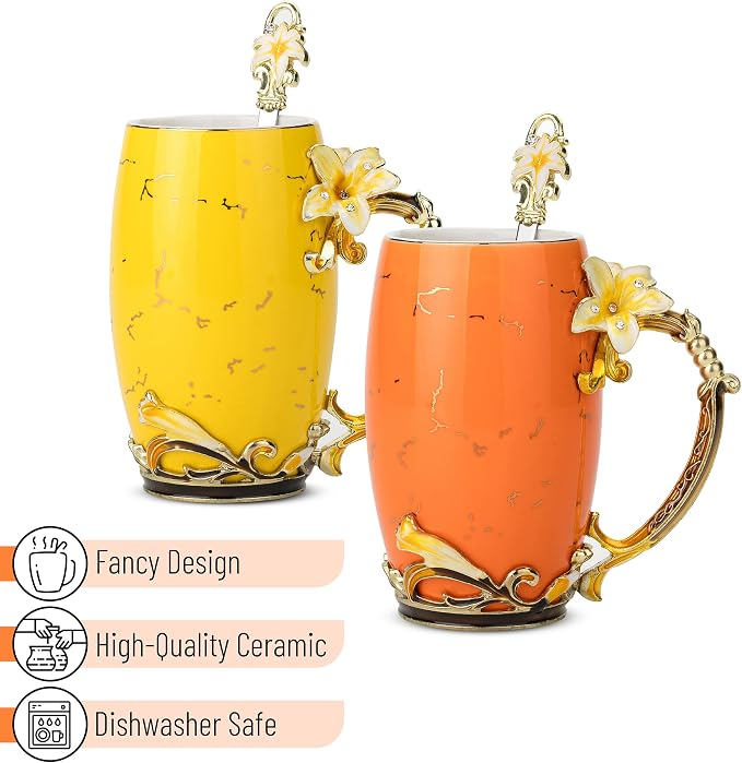 BTaT- Floral Ceramic Mugs with Spoon, Set of 2, Yellow and Orange, Fancy Coffee Mugs with Spoon