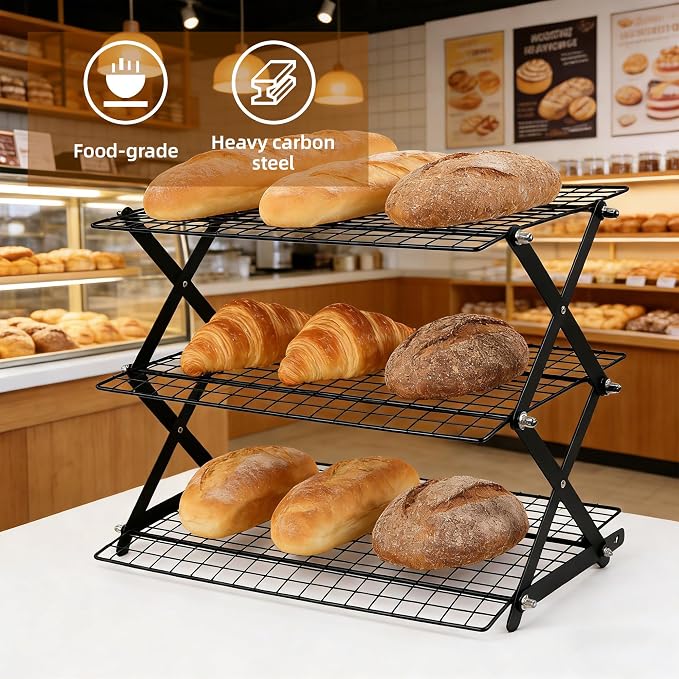 5 Tier Collapsible Cooling Rack with Adjustable 6 Setting Design stackable wire rack for baking sheet for Cookies Baking Gifts for Women (Black, 5-Tier)