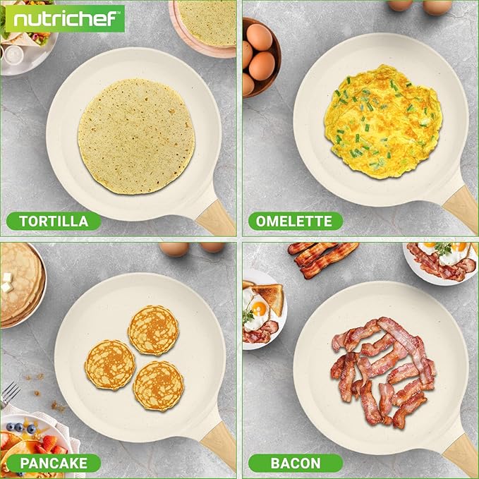 NutriChef 11” Non-Stick Crepe Pan with Wooden Spreader, Durable Marble Coated Tawa Pan for Roti Indian, Comal para Tortillas and Tacos With Induction Bottom, Round Griddle (White Cream Marble)