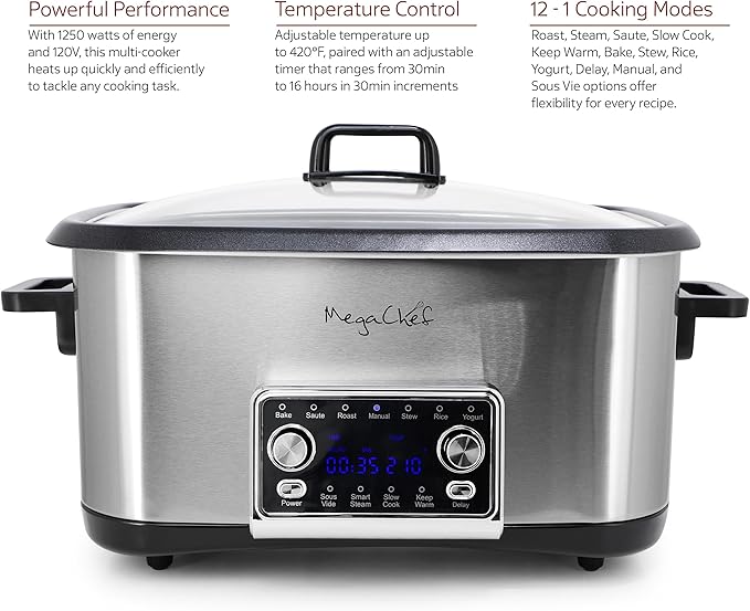 MegaChef Deluxe 8 Quart 12-in-1 Programmable Multi Cooker with Sous Vide and Multi-Functions, Digital Display, Adjustable Temperature & Time, Removable Pot, Tempered Glass Lid
