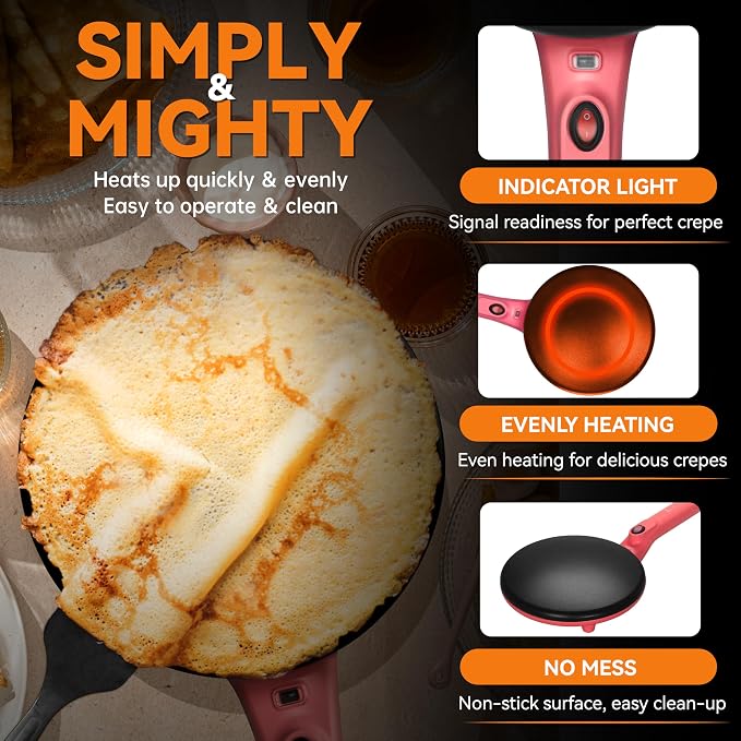 Baker's Friend Instant Crepe Maker with Handle, Electric Crepe Maker Machine, Crepera Electrica, 8 Inch Non-stick Cooking Surface, Raspberry Red