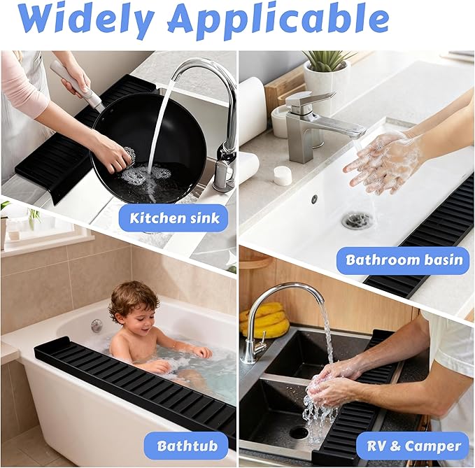 Silicone Sink Edge Protector 30", Kitchen Faucet Splash Guard with Suction Cups, Tilt and Cuttable Edge Guard, Multi-function Sink Accessories for Kitchen, Bathroom, Steel, Granite, Quartz Countertop