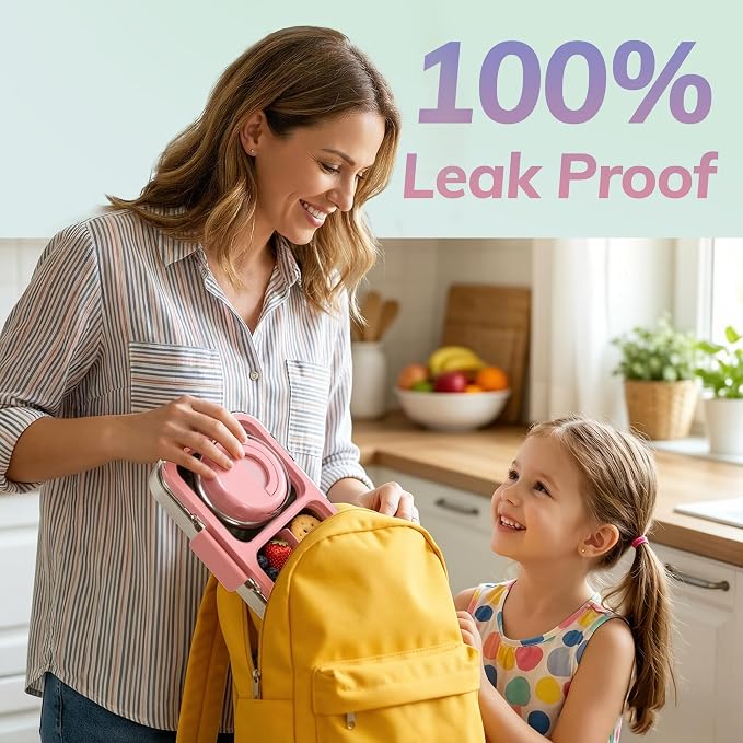 HOMEKOL Stainless Steel Bento Lunch Box + 9.5oz Insulated Food Jar, Pink | 2-Compartment Leak-Proof Container for Kids & Adults, BPA/BPS-Free, 18/8 Metal, Dishwasher Safe, Clear Tritan Lid