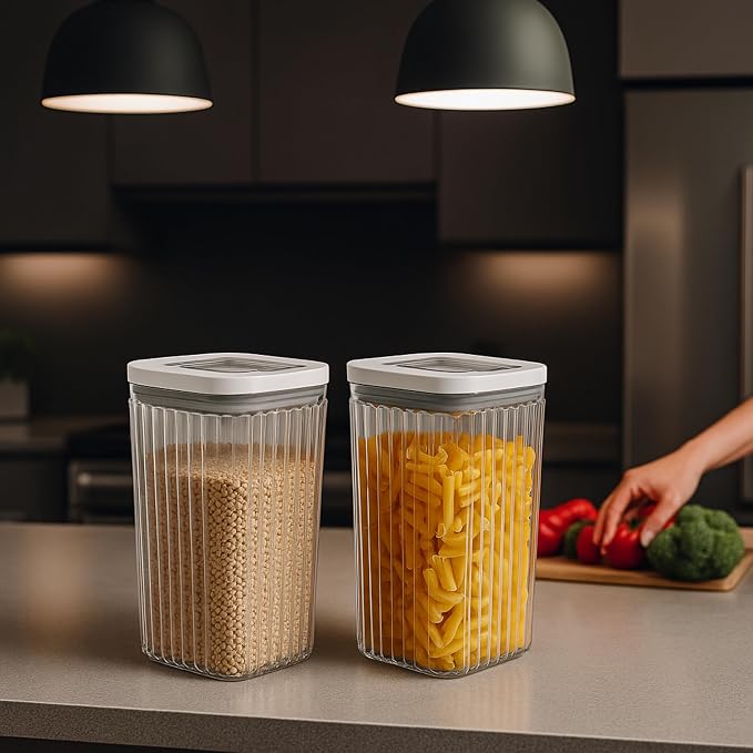 Oggi Airtight Clear Fluted Canister Set of 6 - Stackable Food Storage Containers with Lids, Vintage Modern Farmhouse Style, Kitchen Counter & Pantry Organization, Size - 6 x 88 fl oz / 2.6 Lt