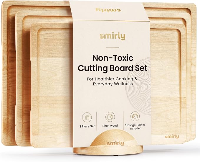 SMIRLY Wooden Cutting Board for Kitchen - Birch Wood Cutting Boards for Meal Prep, Serving, Charcuterie - Kitchen Gadgets, House Warming Gifts - Wood Chopping Board Set of 3 with Holder