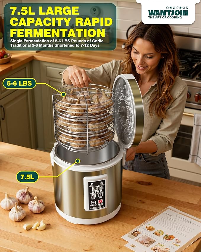 WantJoin Black Garlic Fermenter 7.5L - Full Automatic Black Garlic Maker, Intelligent Control, 360°Even Dry Heating, Makes 4-6 LBS Black Garlic Fermenter Machine, For Multi Clove&Whole Clove Garlic