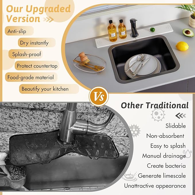 Faucet Mat for Kitchen Sink, 20" Wide Diatomite Fast Drying Stone Tray, Super Absorbent, Prevents Moisture Buildup, Faucet Water Splash Guard for Bathroom Counter, Sink Protector Gift for Mom, White