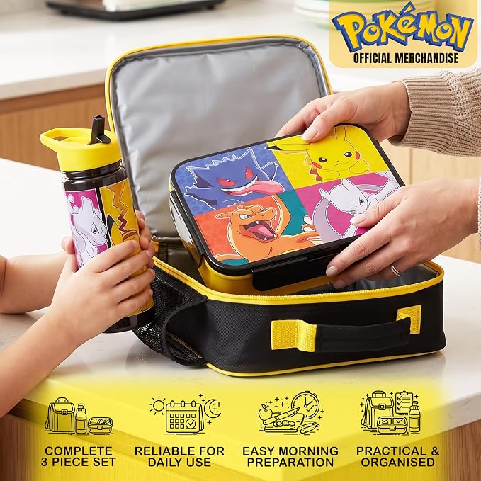 Get Trend Pokemon Kids Insulated Lunch Bag 3Pc Set with Bento Box & 20 fl oz BPA-Free Water Bottle with Straw, Lightweight Kids Lunch Box, Pikachu Anime Gifts for Gamers