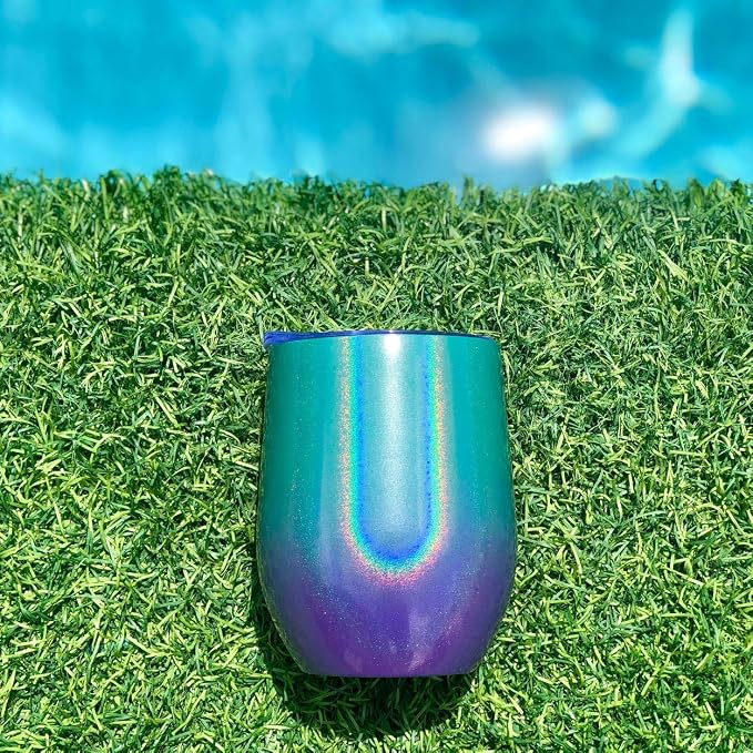 CHILLOUT LIFE 12 oz Stainless Steel Wine Tumbler with Lid - Double Wall Vacuum Insulated Wine Cup Glass Keeping Cold & Hot for Coffee, Champagne, Cocktails, Ice Cream - Mermaid Sparkle