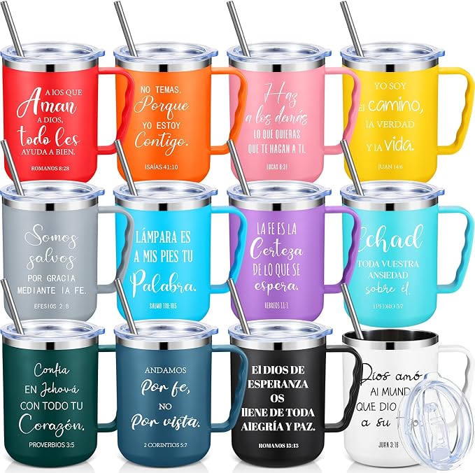 Sieral 12 Pcs Christian Gifts Coffee Mugs with Straw Lid 17 oz Religious Cups with Bible Stainless Steel Tumbler Inspirational Gifts for Women Men Pastor's Church Group(Multiple Colors,Spanish)