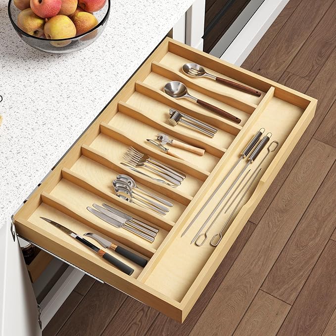 WelFurGeer Solid Birch Wood Silverware Drawer Organizer, Wooden Cutlery Drawer Organizer, Utensil Tray for Kitchen Drawers, Kitchen Utensil Organizer for Silverware, Flatware, Spoons, Forks, Knives