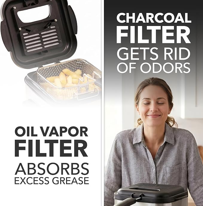 OVENTE 1.5 Liter Electric Deep Fryer FDM1501BR Charcoal and Oil Vapor Replacement Filter Set Pack of 3, White and Black ACPFDM1503
