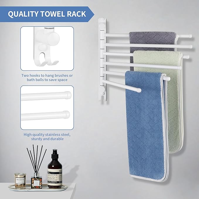 Swivel Towel Rack, 12.6 Inch Towel Bar with Wall Mounted 180° Rotation, 6 Arms Towel Hanger SUS 304 Stainless Steel, Space Saving for Kitchen, Bathroom, Outdoor, White