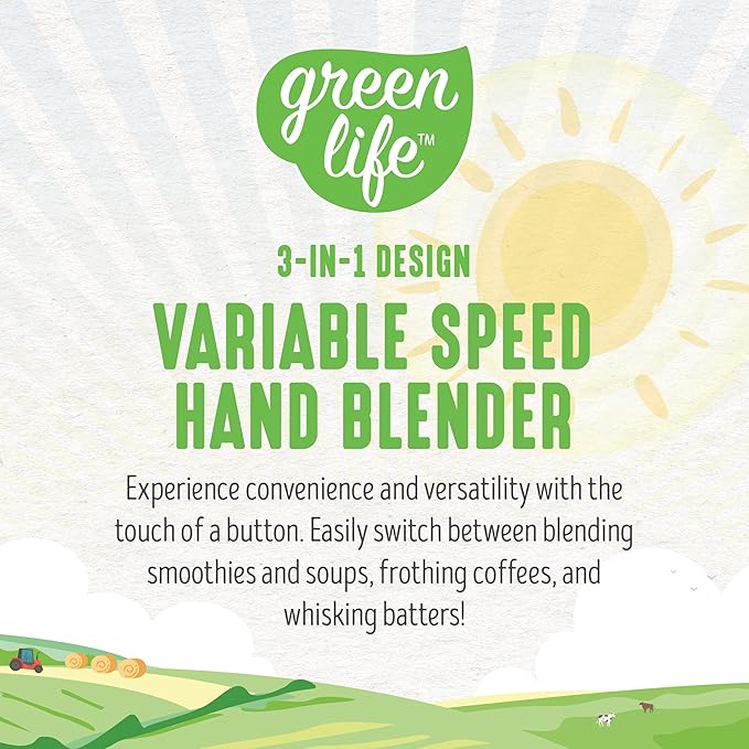 GreenLife 500-Watt Immersion Electric Handheld Stick Blender with Stainless Steel Blades, Whisk, Frother, Measuring Cup and Lid, Soups, Puree, Cake, Multi-Speed Control, Portable, Turquoise