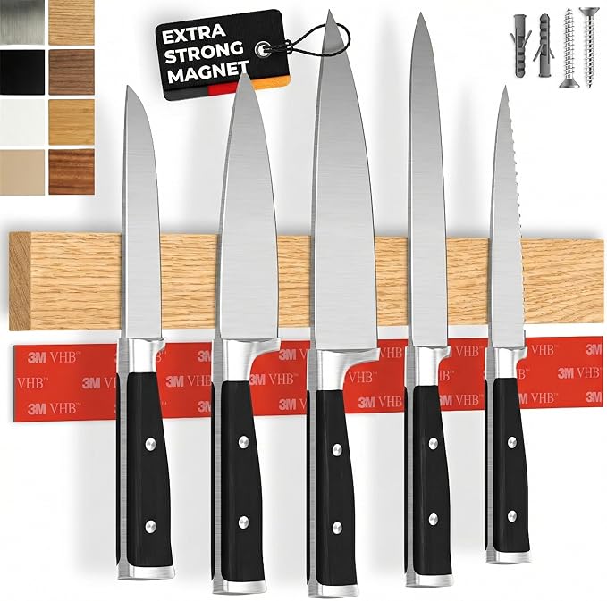 CUCINO Magnetic Knife Holder for wall, 16" no drilling required, includes self-adhesive tape, extra strong for holding knives – Awarded magnet strip – Oak