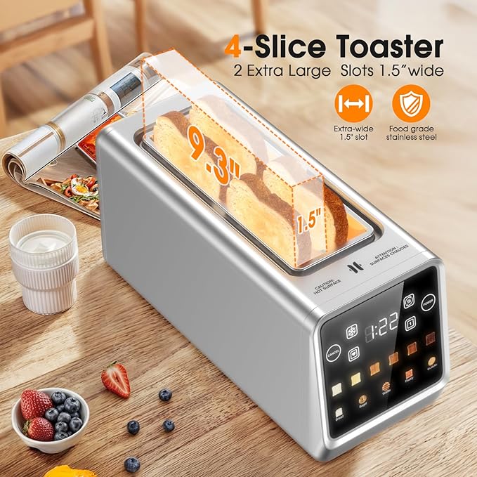 Smart 4-Slice Toaster, 75° Touchscreen with Digital Timer & Even-Heat Tech, Extra-Wide Slots for Bagels & Thick Bread, 6 Browning Levels, Defrost/Reheat, Single-Slot Energy Saving