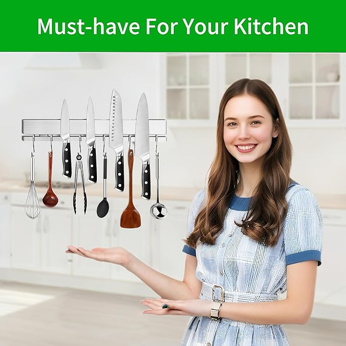 YIIYIIN 17 Inch Magnetic Knife Holder for Wall No Drill,Adhesive Knife Magnetic Strip with 12 Hooks,Kitchen Double Rods Stainless Steel Magnetic Utensil Holder(Silver)