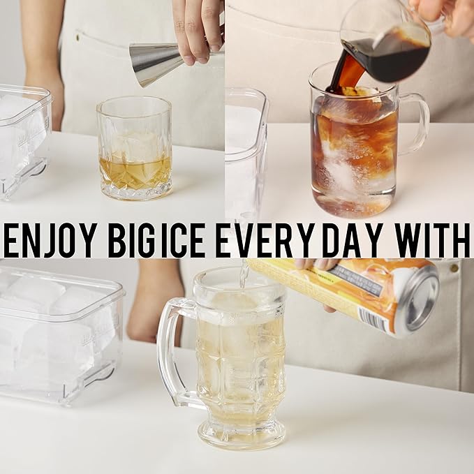 Season 3 GiantPush Silicone Large 2-Inch Ice Cube Tray with Lid, Square Whiskey Ice Mold for Cocktails & Highball, Slow-Melting Ice Maker, Easy Release, BPA Free (WHITE, 1-Tier Set)