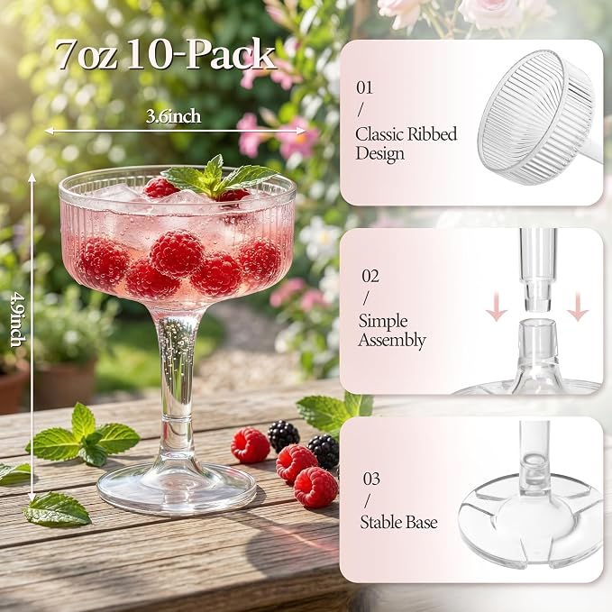 Ronasip 50 Pack 7oz Plastic Champagne Flutes - Clear Acrylic Champagne Glasses for Champagne Tower, Unbreakable Reusable Coupe Glasses for Wedding, Bridal Shower, Toasting & Party