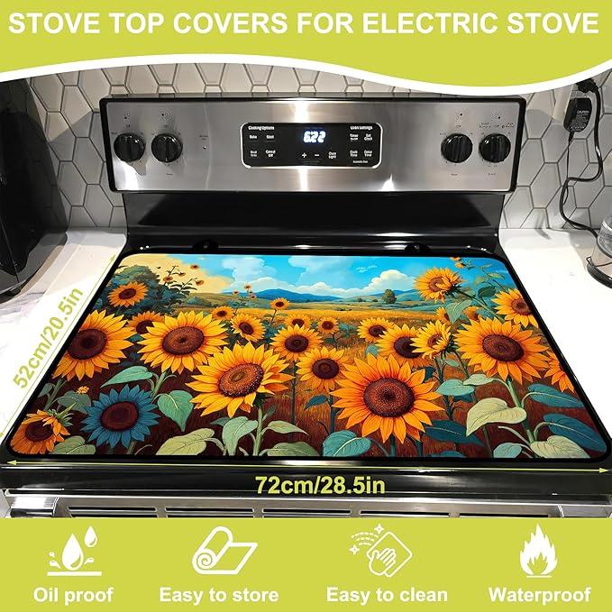 Glass stove top cover 28"x 20", Stove Top Covers for Electric Stove, Flat Range Mat for Glass Cooktop, Kitchen Heat-Resistant Protector Non-Slip Drying Mat (Sunflower)