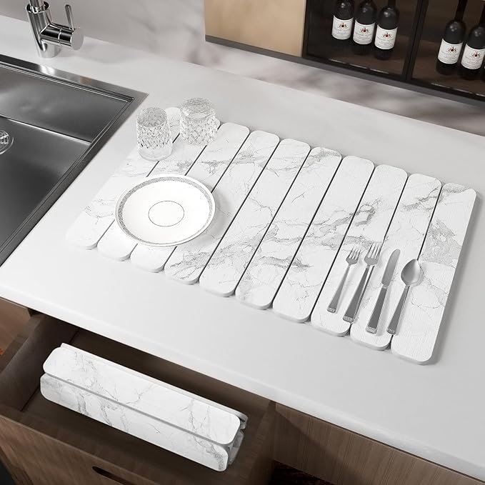 Stone Drying Mat for Kitchen Counter, White Fish Belly Stone Dish Drying Mat - Diatomaceous Earth Water Absorbing Drying Stone for Kitchen Counter Mat, Quick Dry Stone Mat Kitchen