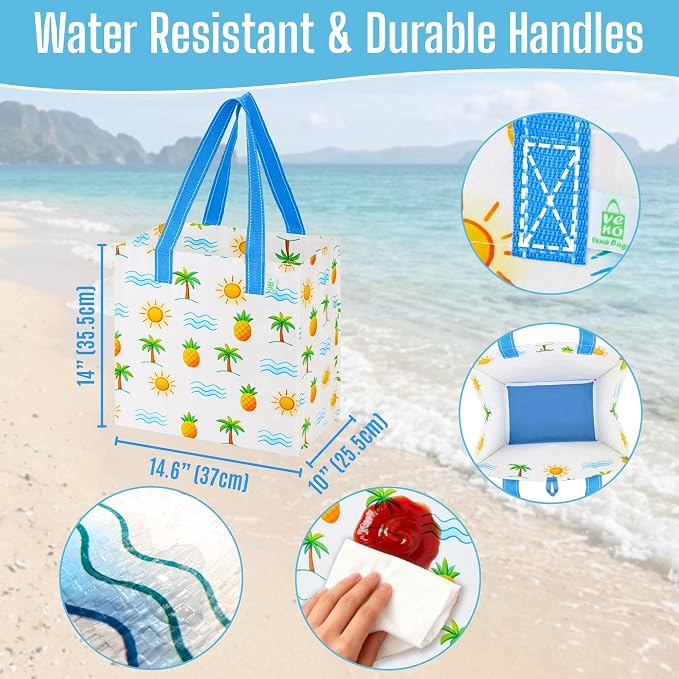 VENO 4 Pack Reusable Grocery Shopping Bags, Heavy-Duty Tote Bags with Handles, for Shopping Cart with Hard Bottom to Stand Upright, Foldable (Tropical Island, 4 Pack)