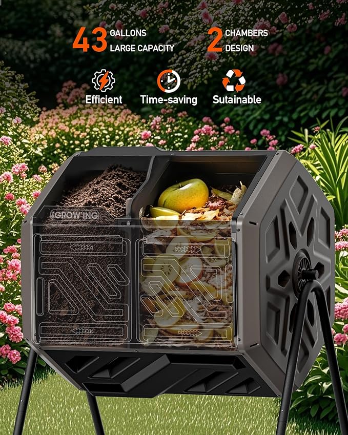 THEGROW'ING 43 Gallon Dual Chamber Compost Bin with Built-in Nuts, Outdoor Rotating Composter Tumbler for Garden Backyard, Brown