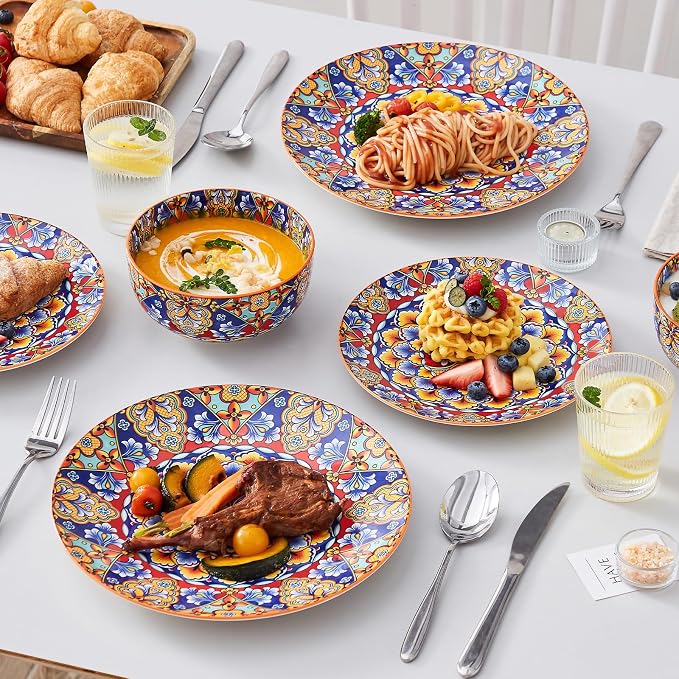 vancasso 12 Pieces Dinnerware Sets, Orange Plates and Bowls Set, Porcelain Dishes Set for 4, Microwave and Dishwasher Safe, Scratch Resistant, Bohemian Style Dining Ware Service for 4, Series SIMI