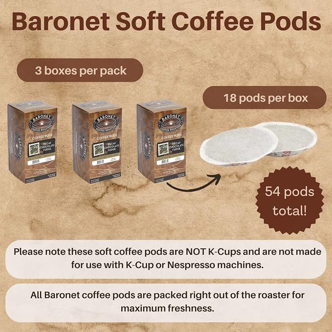 Baronet Coffee Pods [DECAF Chocolate Fudge-54 Pods] Flavored Single Cup Use, Like Senseo [3 Boxes of 18 Single Serve 10 Gram] Regular Strength, Med Roast [Decaf Choc Fud