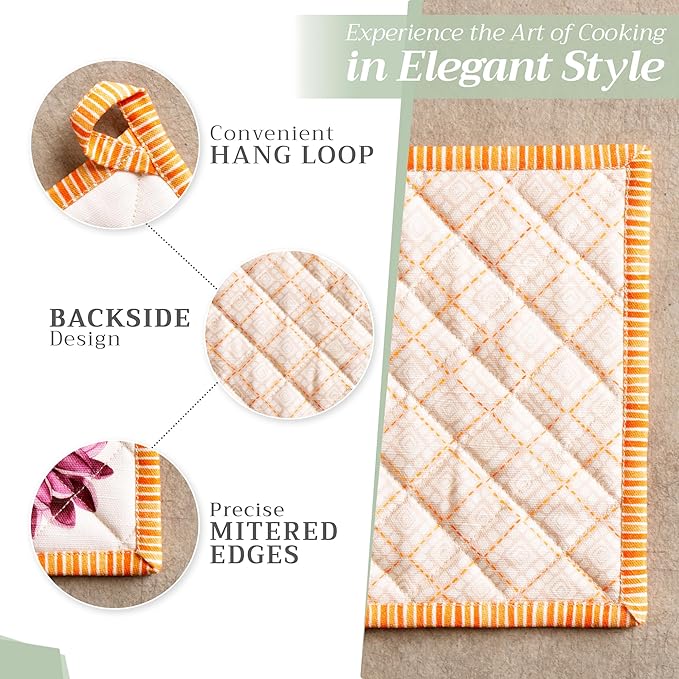 Maison d' Hermine 100% Cotton Oven Mitt & Pot Holder Set (7.5"x13" & 8"x8") Heat Resistant BBQ Cooking Gloves with Loop for Christmas Decorations Handling Hot Pans (Pumpkin Garden - Cloudy Cream)