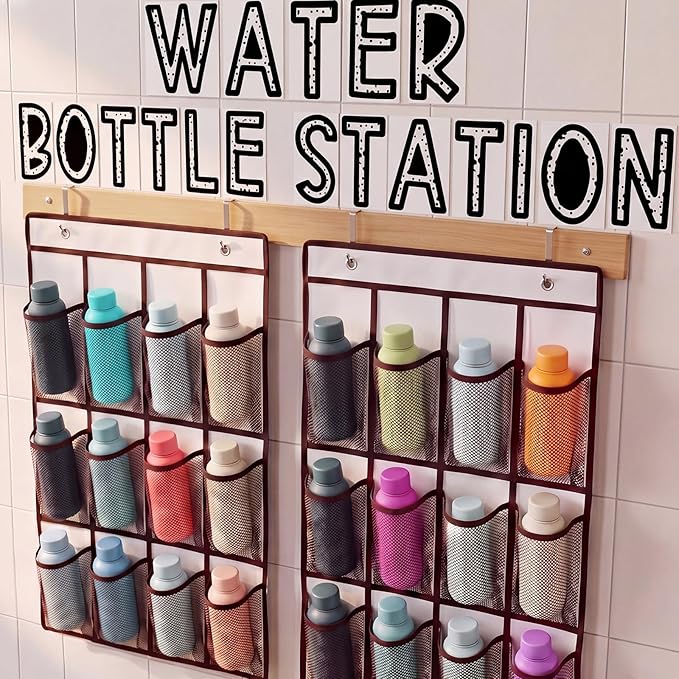 Eaasty 2 Pack Water Bottle Holder Organizer with Water Bottle Station Stickers, 29.13" x 17.72" Mesh Pocket Storage for Classroom Door Hanging Organizer Includes Hooks for Back to School Supplies